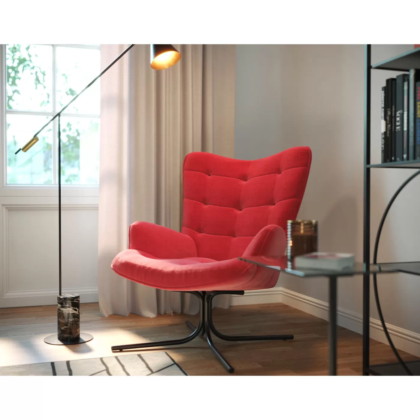 KARE Design Fauteuil Pivotant Oscar Velours Rouge