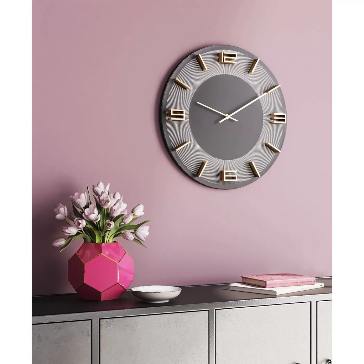 KARE Design Horloge Murale Leonardo Gris/Dore O49Cm